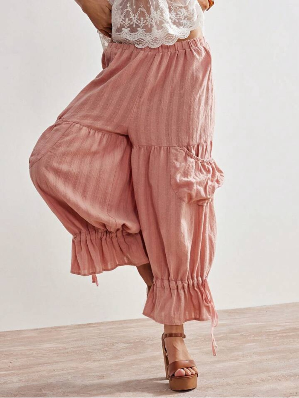 Pink Wide-Leg Tiered Crop Pants
